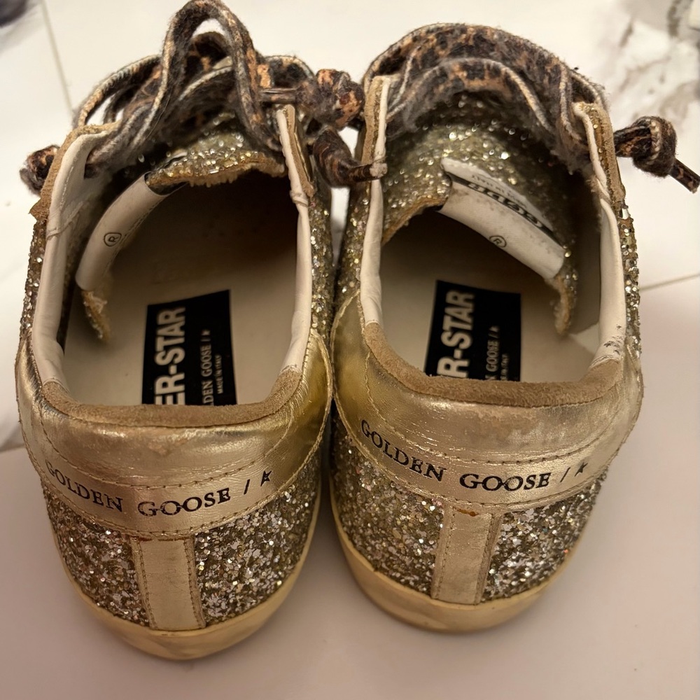 Golden Goose Gold Glitter Sneakers with Leopard Laces NWOT - Picture 3 of 3